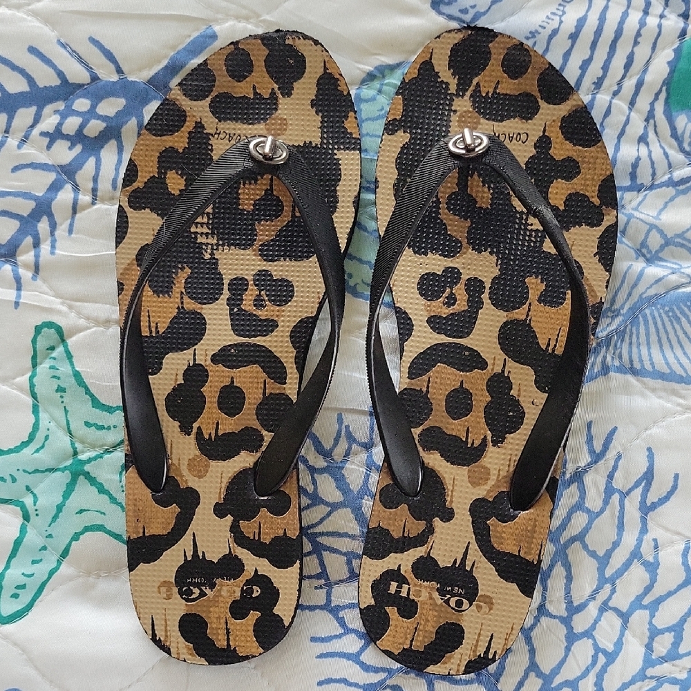 Coach Brown and Black Sandals with Leopard Print